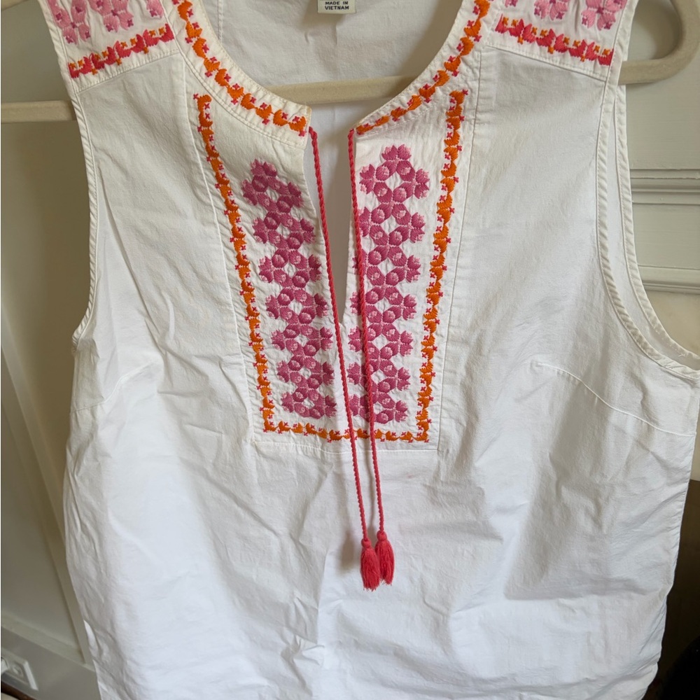 J. Crew White Sleeveless Embroidered Tunic with Pink & Orange Accents